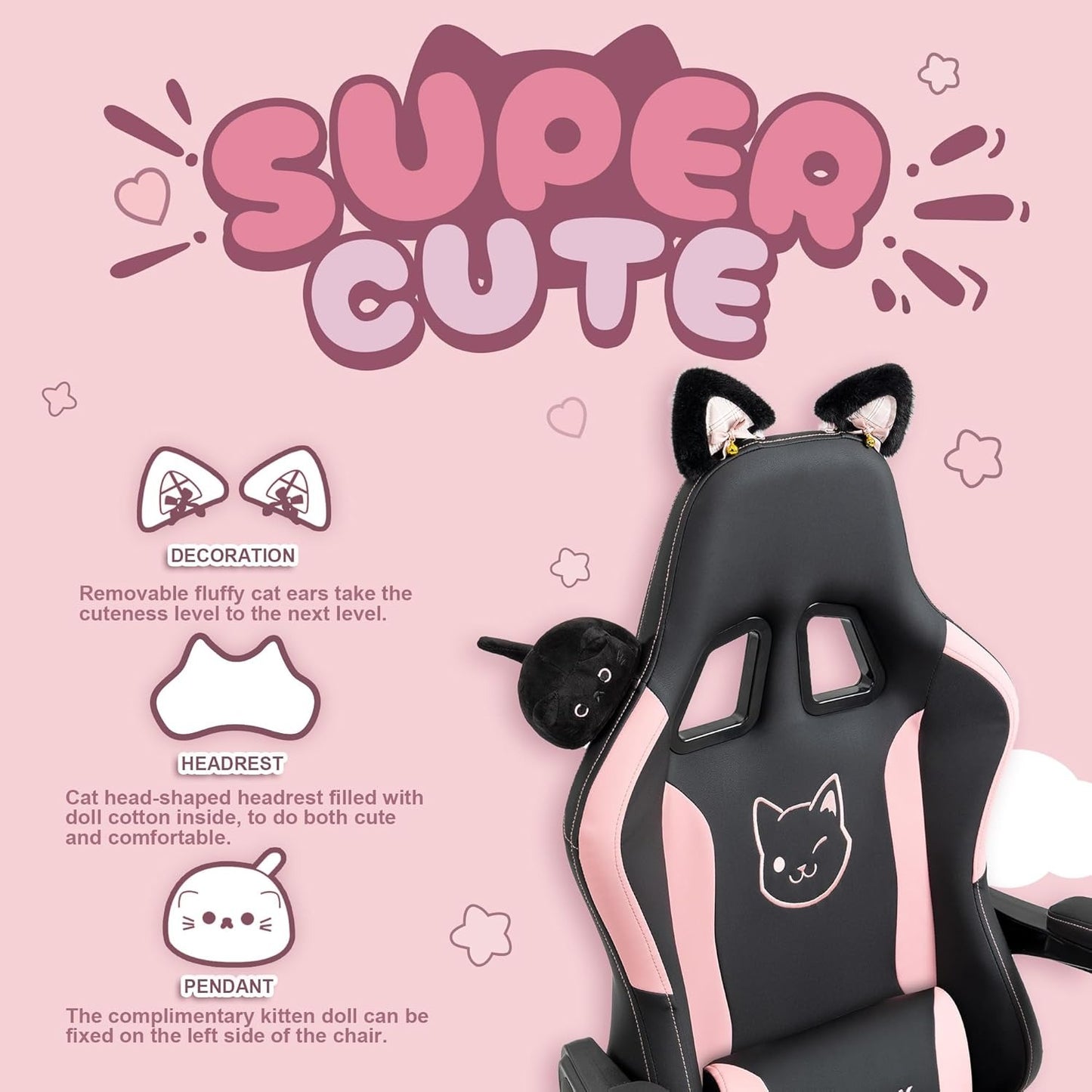 Gaming Chair Cute with Cat Ear Footrest