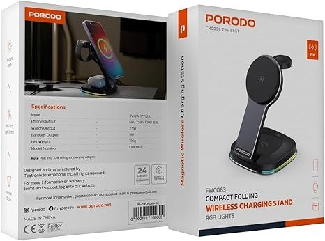 Next Store Compact Folding Wireless Charging Stand with RGB Ambient Lights, Detachable Watch & Earbuds Charger, 15W Fast Wireless Charging