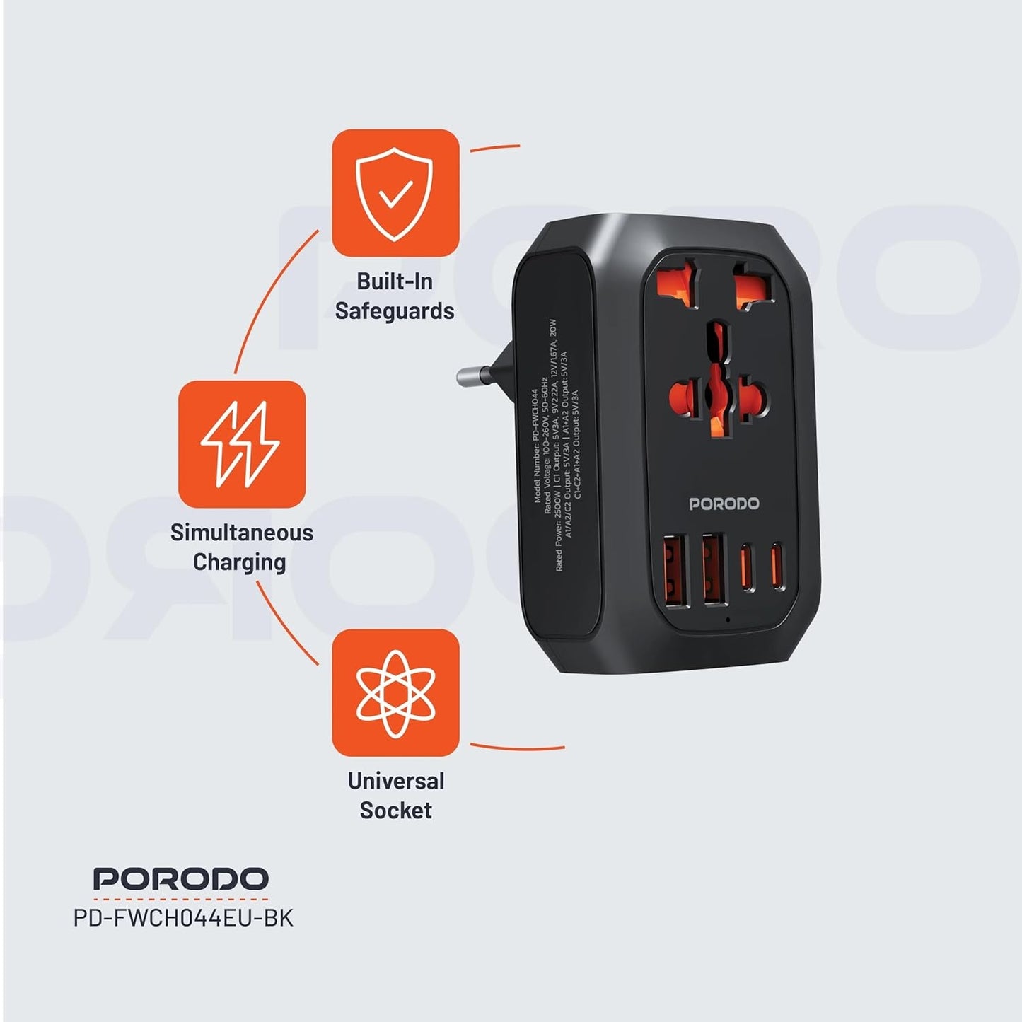 Porodo 2500W EU Pin Travel Adapter - Black