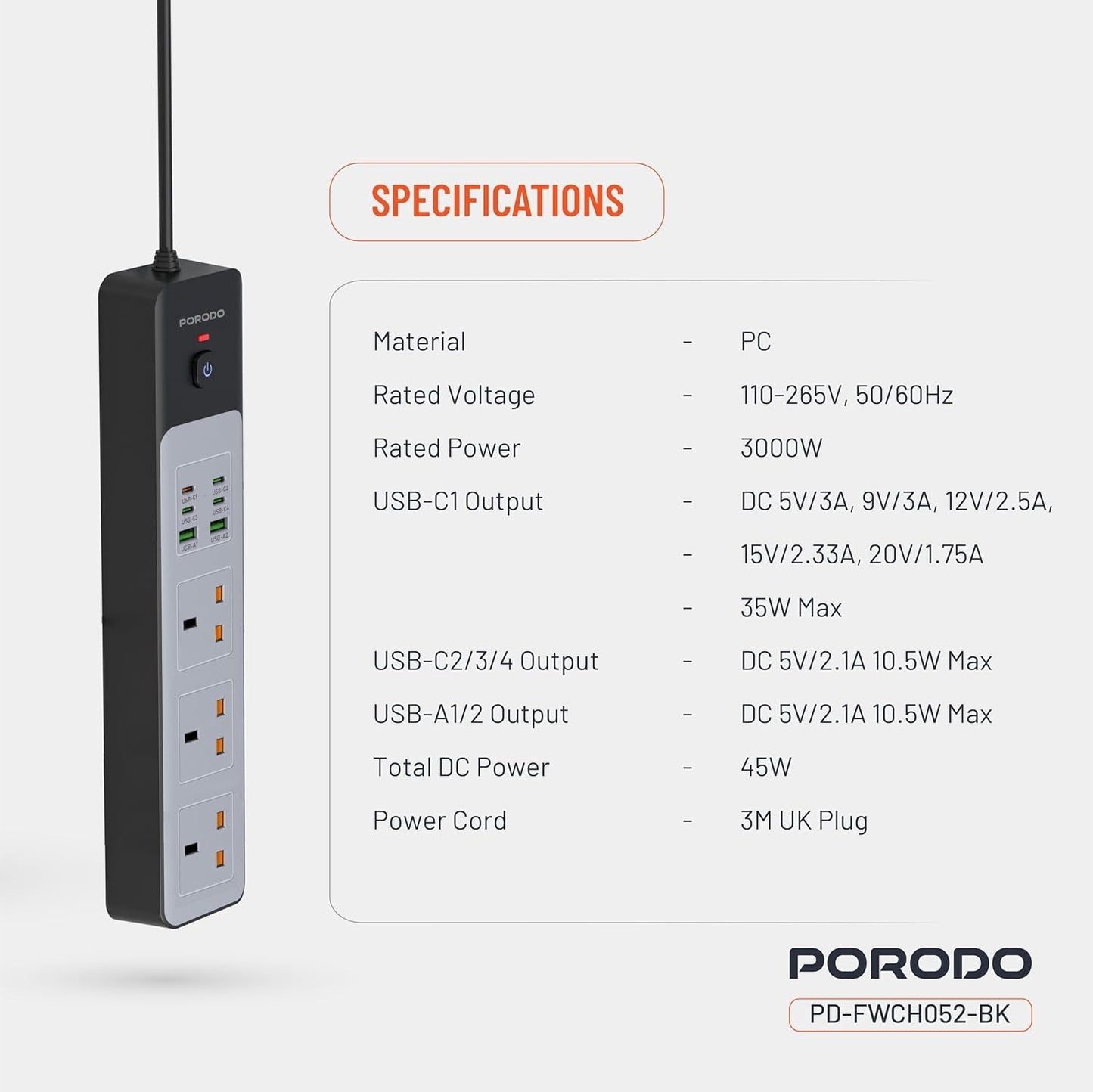 Porodo 3AC 3000W Power Strip