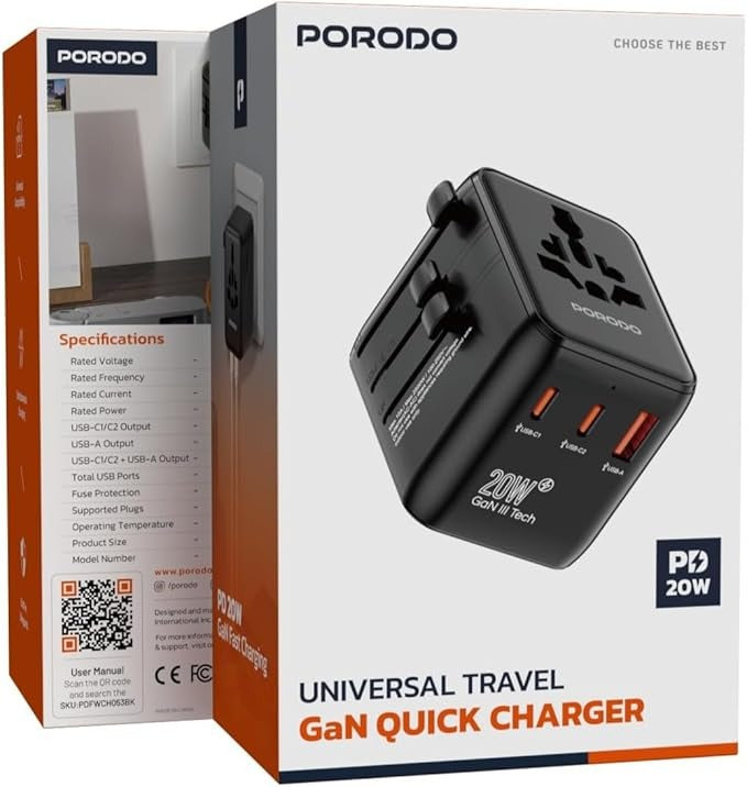 Porodo International Charger PD 20W, GaN Technology, Fast Charger
