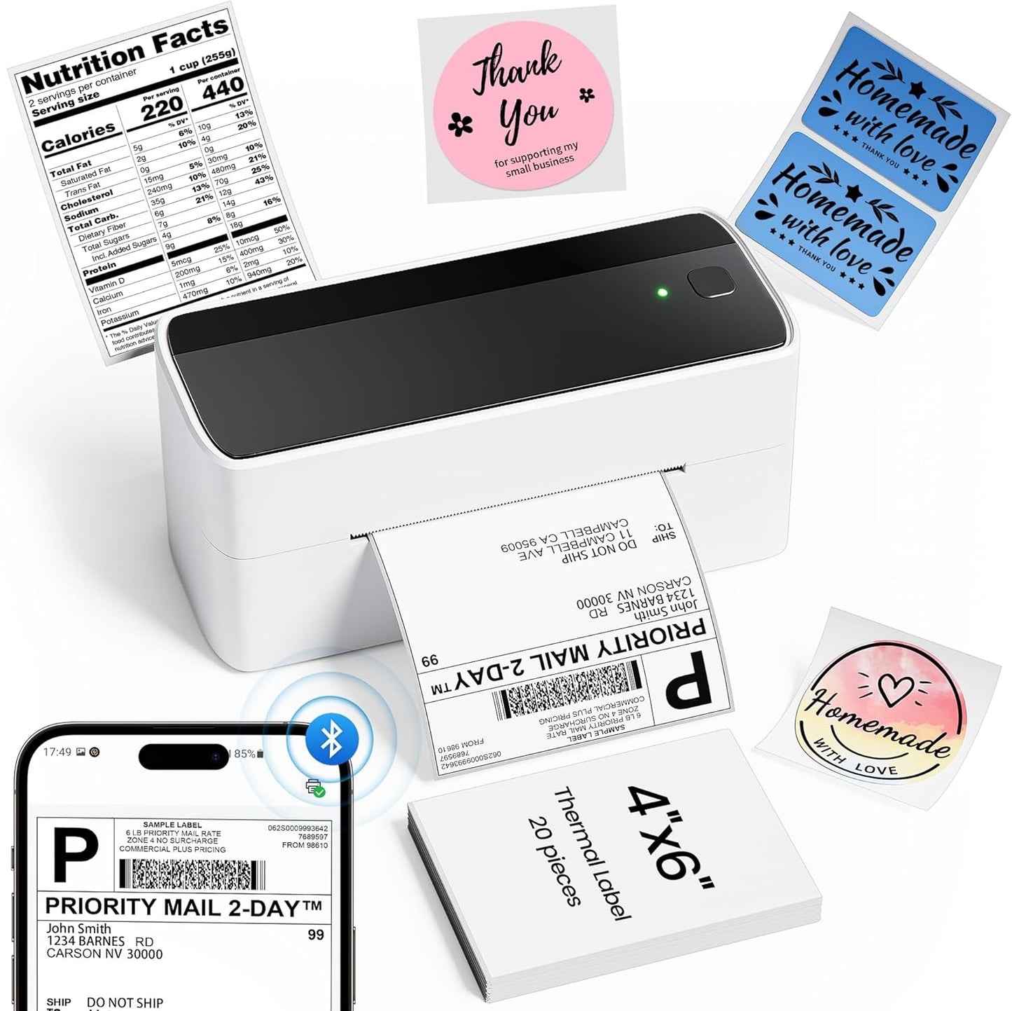 Bluetooth Thermal Label Printer, Shipping label printer 4x6, Label Printer for Home, Office and Business