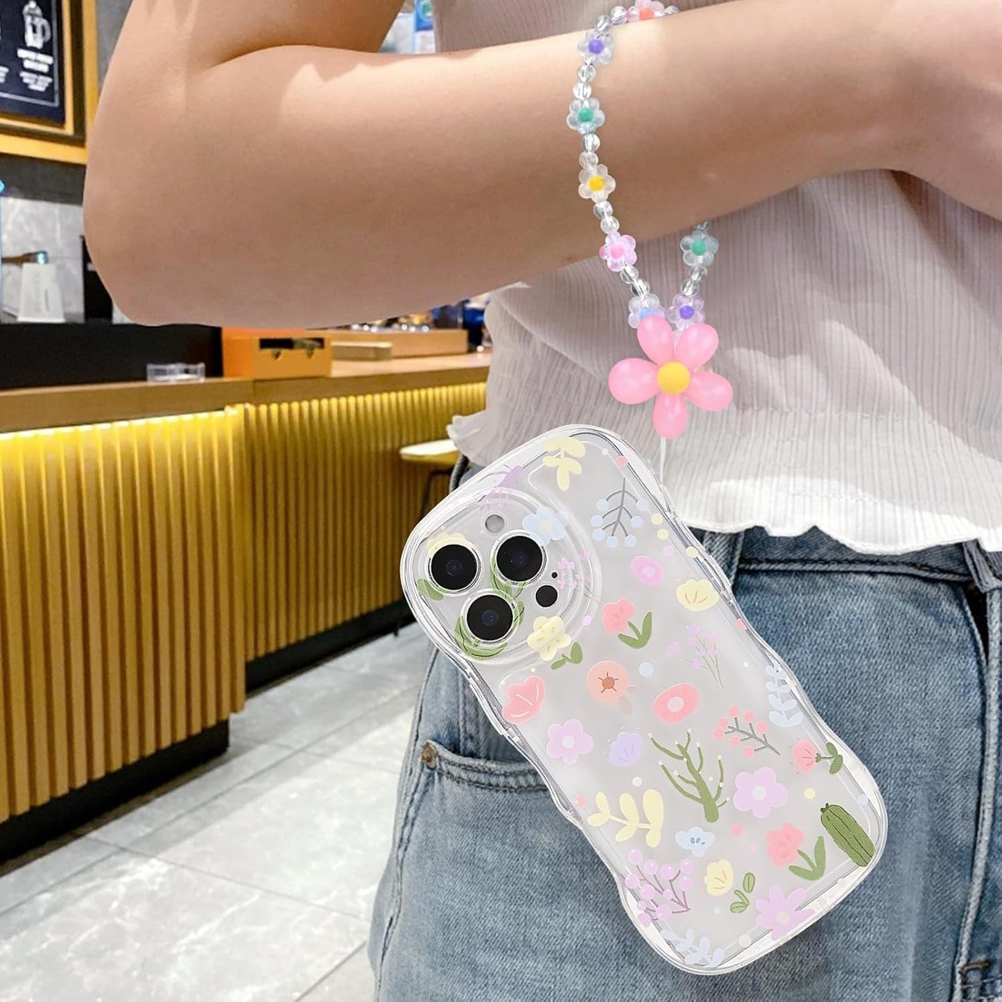 Cute Colorful Flower for iPhone 16 Pro Max Case with Bracelet Chain