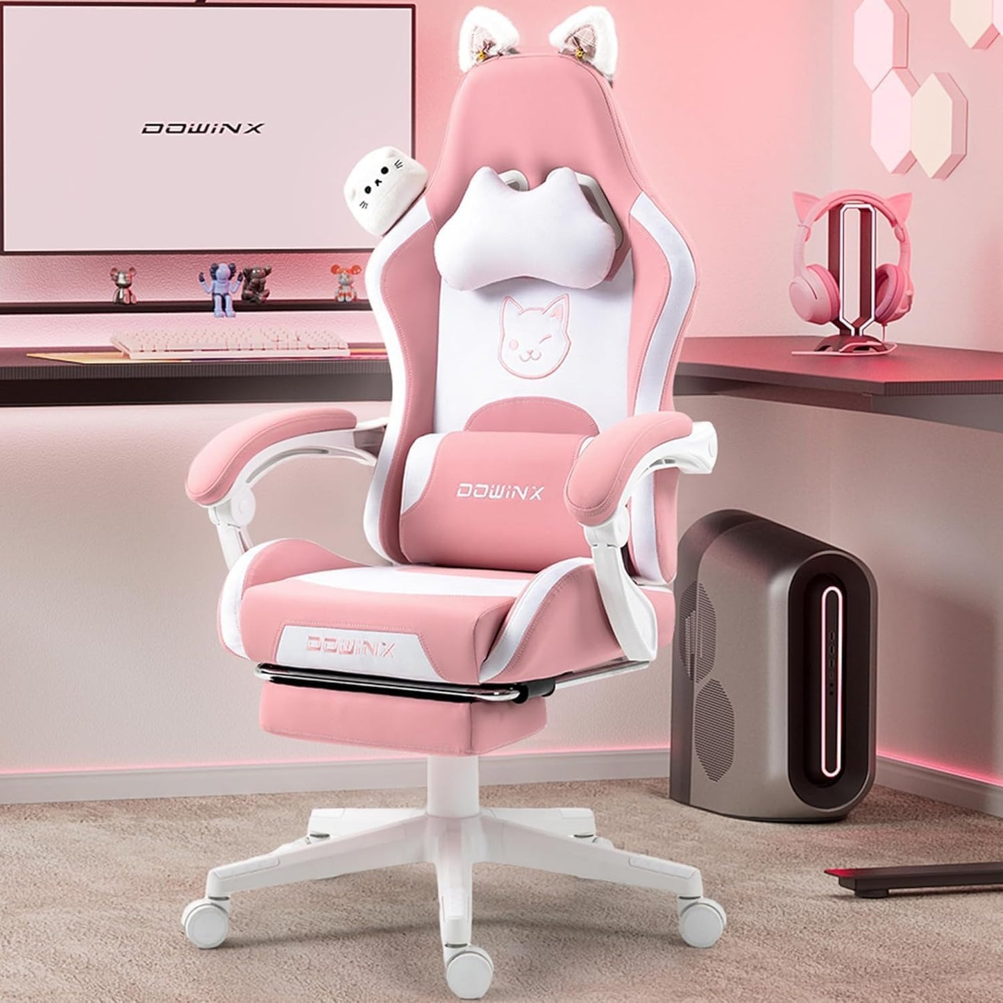 Gaming Chair Cute with Cat Ear Footrest