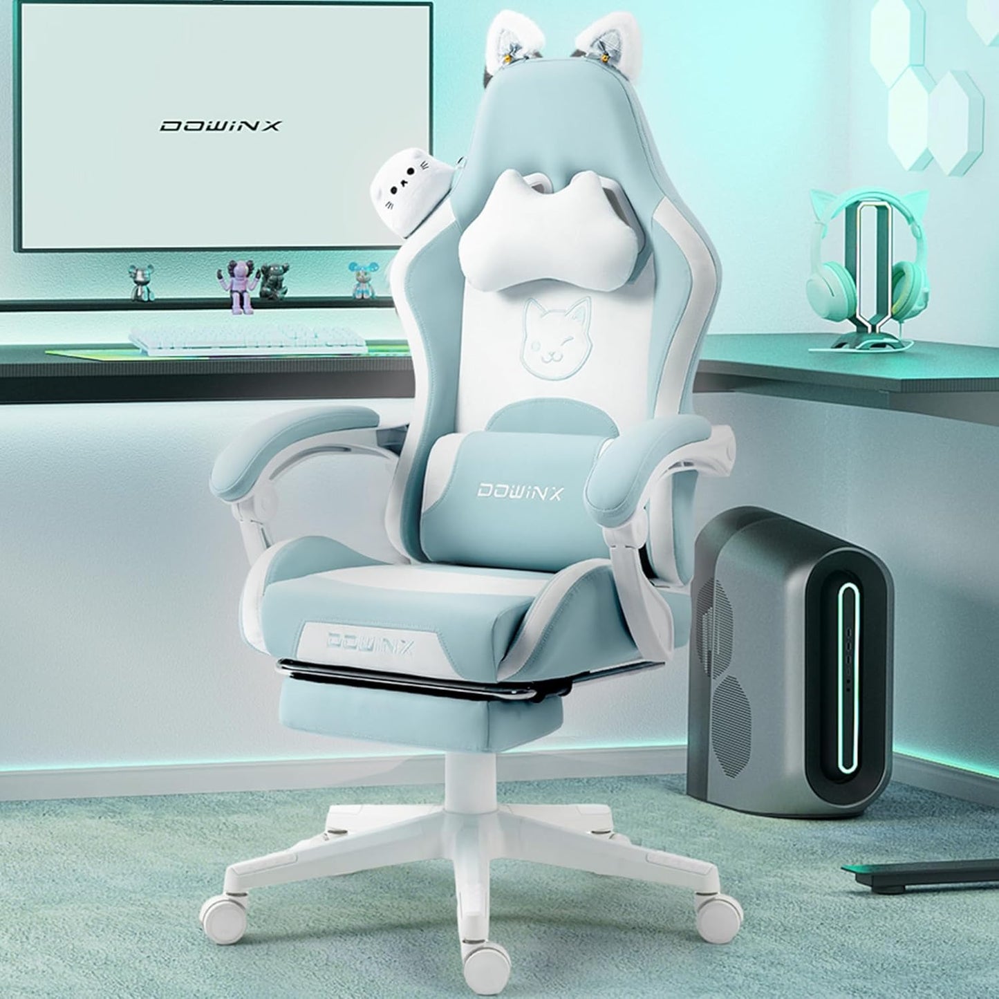 Gaming Chair Cute with Cat Ear Footrest