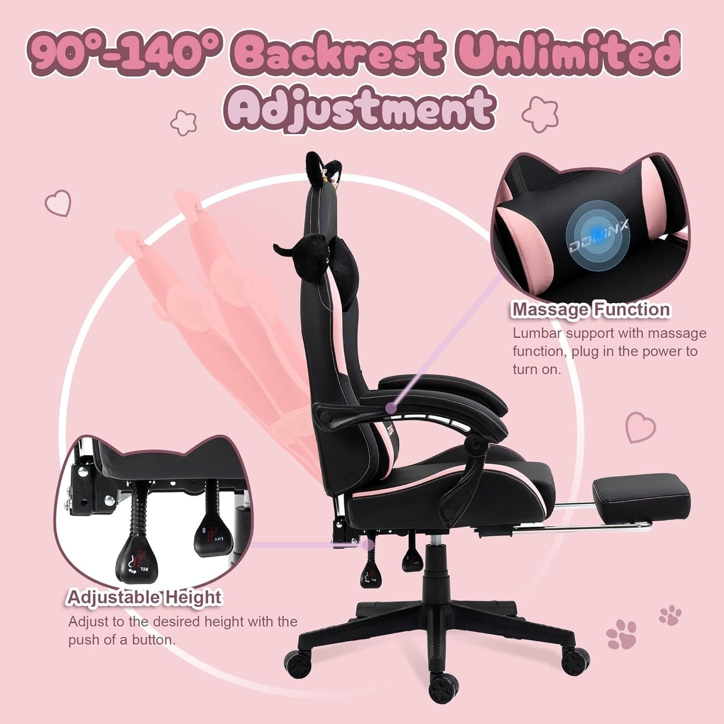 Gaming Chair Cute with Cat Ear Footrest