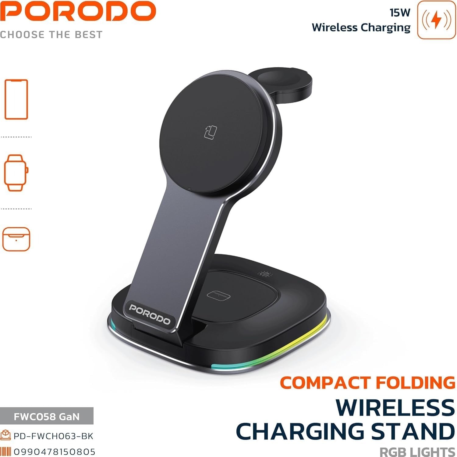 Next Store Compact Folding Wireless Charging Stand with RGB Ambient Lights, Detachable Watch & Earbuds Charger, 15W Fast Wireless Charging