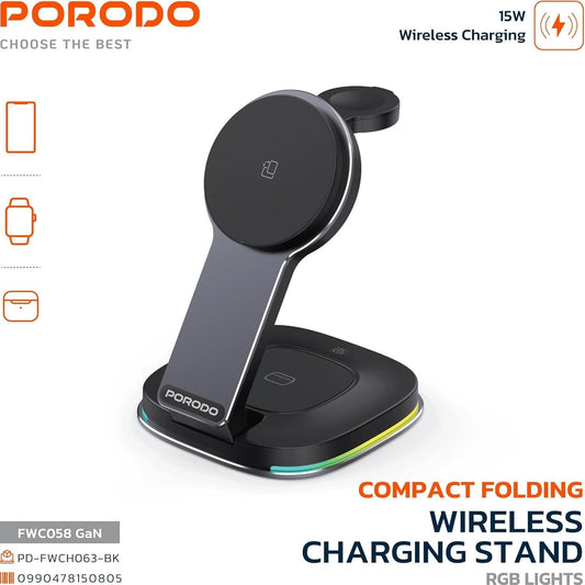 Next Store Compact Folding Wireless Charging Stand with RGB Ambient Lights, Detachable Watch & Earbuds Charger, 15W Fast Wireless Charging