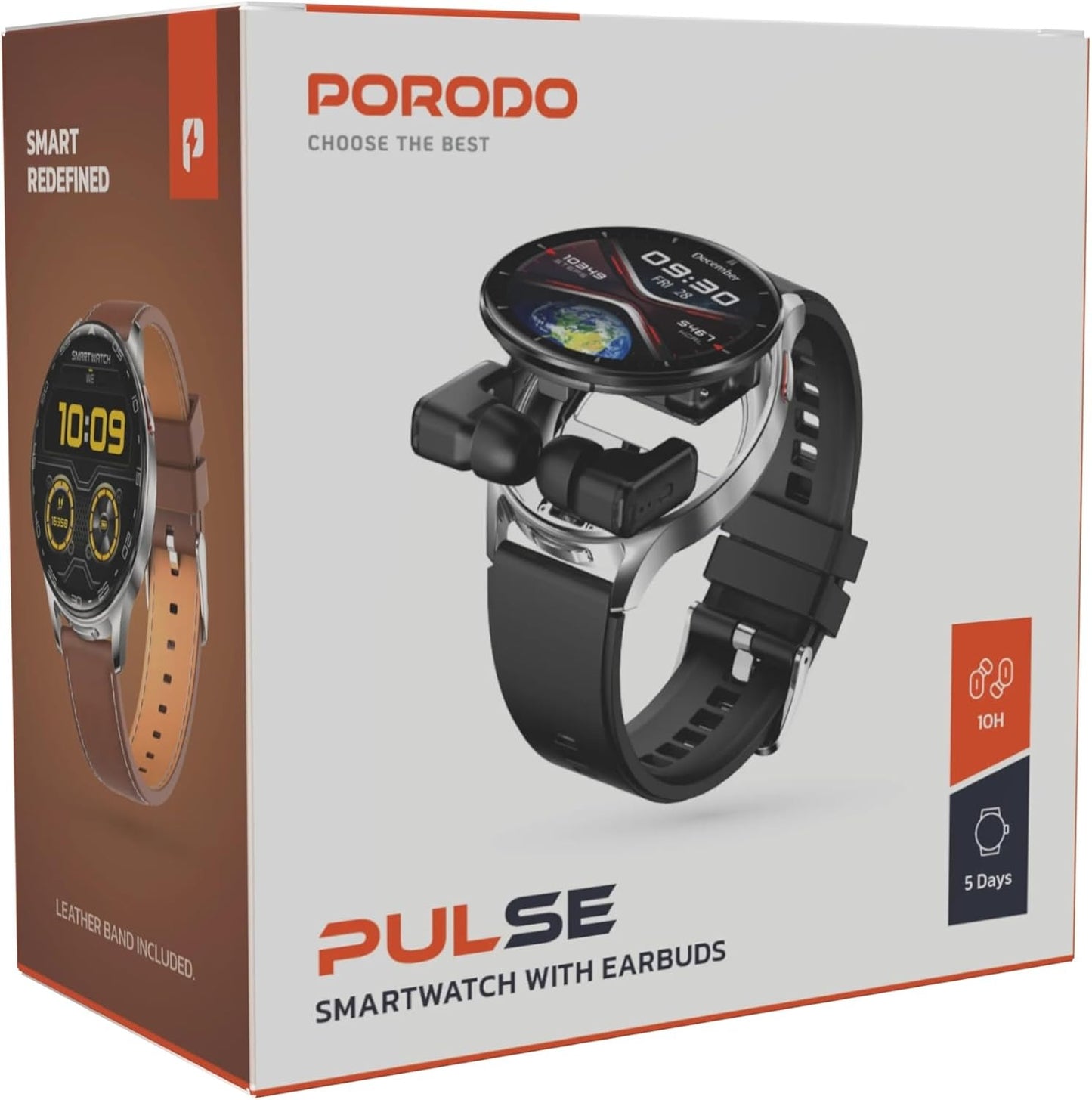 Porodo Pulse Smart Watch Black dial with Earbuds and Black Leather Band