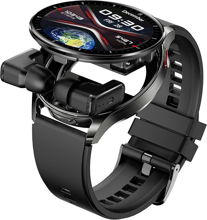 Porodo Pulse Smart Watch Black dial with Earbuds and Black Leather Band