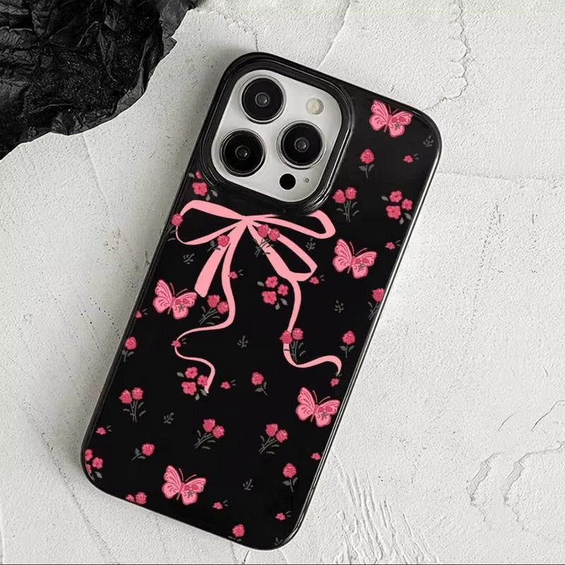 Pink Bowknot Rose Flower Pattern Phone Case for iphone 16 Girls 02