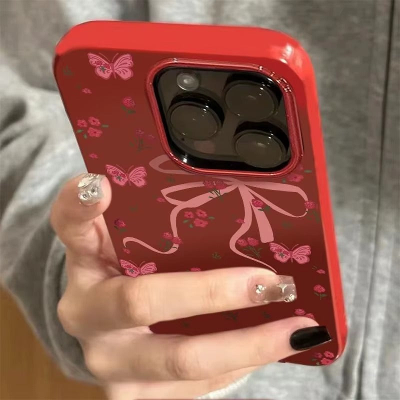 Pink Bowknot Rose Flower Pattern Phone Case for iphone 16 Girls 02