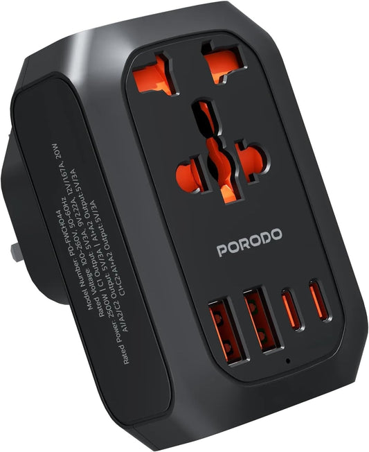 Porodo 2500W EU Pin Travel Adapter - Black