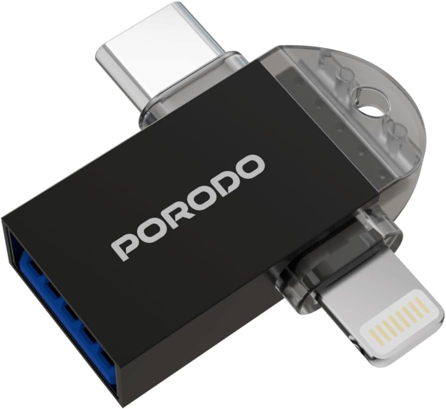 Porodo 3-In-1 OTG Adapter, USB-A to Type-C/Lightning Head/Micro USB, USB 2.0