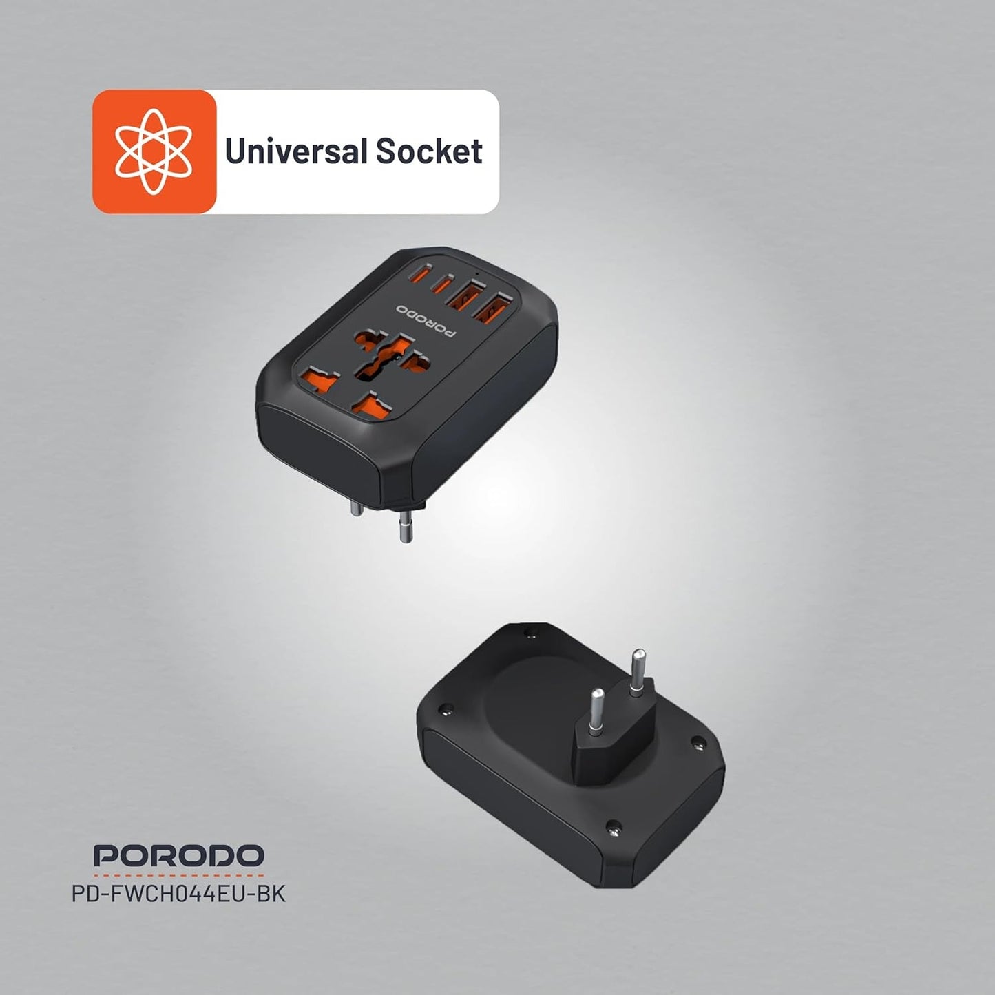 Porodo 2500W EU Pin Travel Adapter - Black