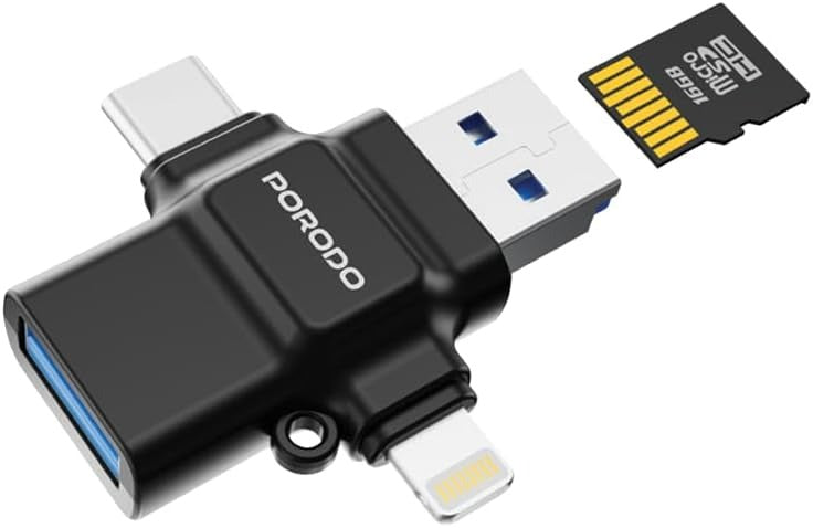 Porodo 3-In-1 OTG Adapter, USB-A to Type-C/Lightning Head/Micro USB, USB 2.0