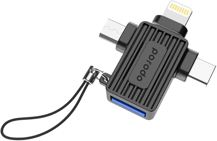Porodo 3-In-1 OTG Adapter, USB-A to Type-C/Lightning Head/Micro USB, USB 2.0