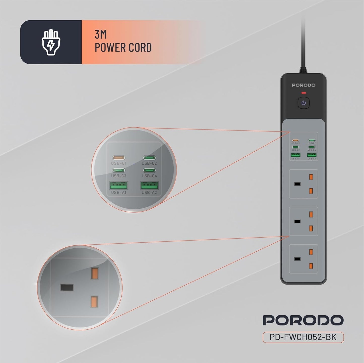 Porodo 3AC 3000W Power Strip