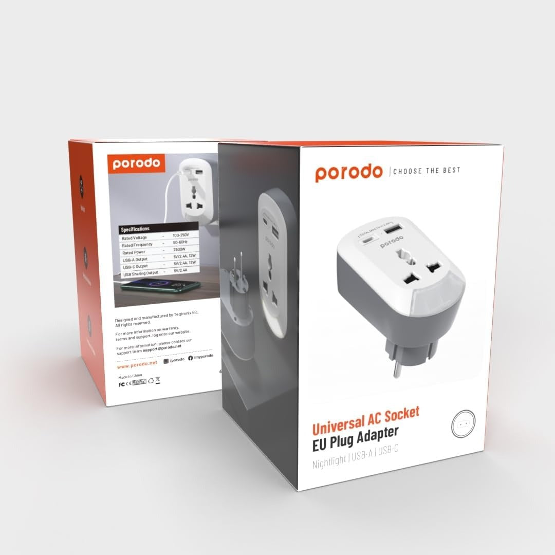Porodo 3in1 Multi-type Socket with AC USB-A Type C EU - White