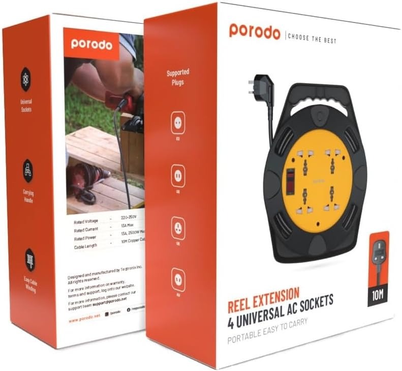 Porodo Reel Extension 4 Universal AC Sockets Portable Easy To Carry 10m  -10M Copper Cable Cable Length -13A, 2500W Max Rated Power -220-250V Rated Voltage -13A Max Rated Current -Easy Cable Winding -Universal Sockets -Carrying Handle