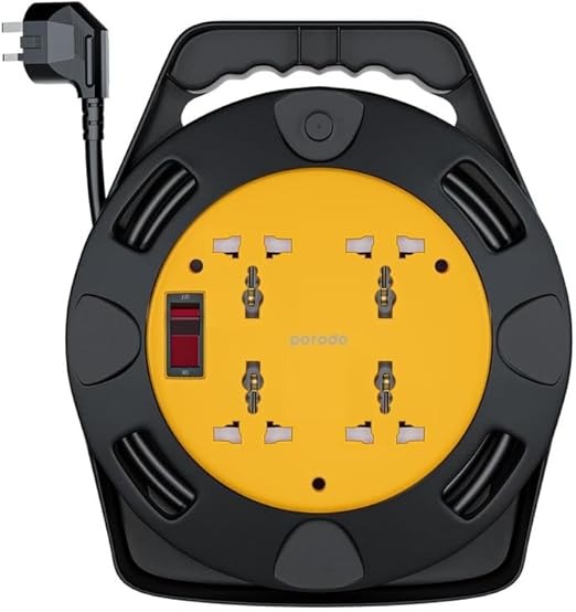 Porodo Reel Extension 4 Universal AC Sockets Portable Easy To Carry 10m  -10M Copper Cable Cable Length -13A, 2500W Max Rated Power -220-250V Rated Voltage -13A Max Rated Current -Easy Cable Winding -Universal Sockets -Carrying Handle