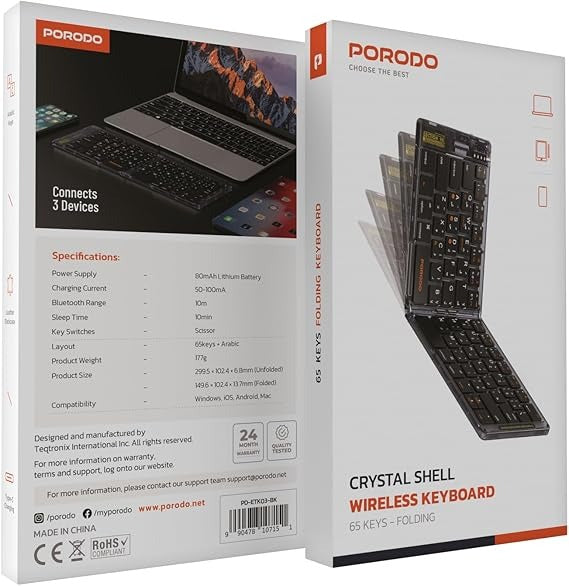 Porodo Crystal Shell Wireless Keyboard, Compatible With Windows &amp; iOS &amp; Android &amp; Mac