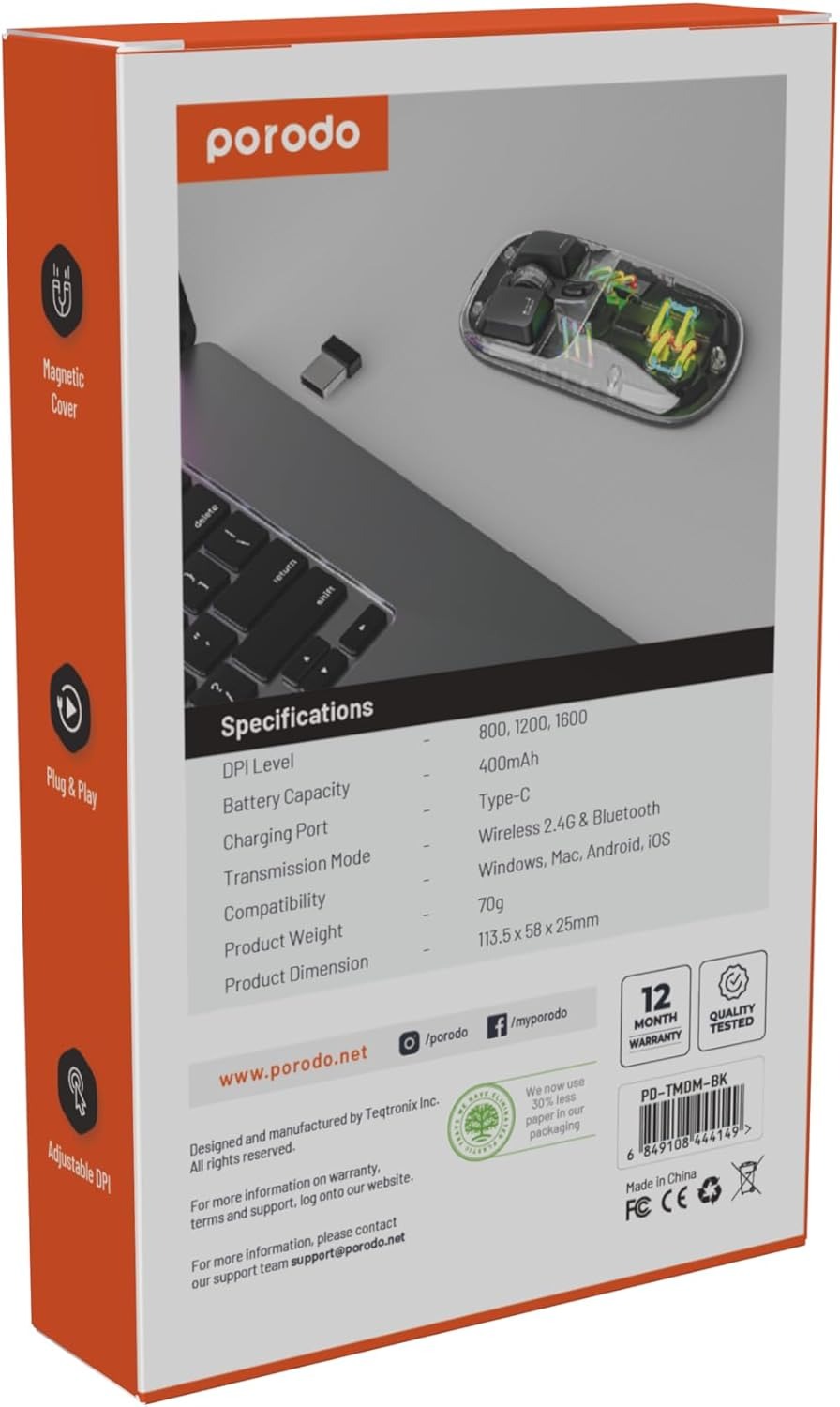 Porodo Transparent Dual-Mode Wireless Mouse RGB Light And Magnetic Cover