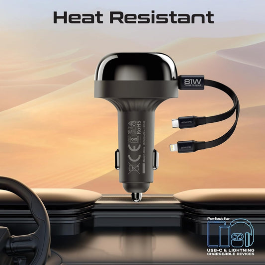 Promate 62W Car Charger With 45W Retractable USB-C PD Cable