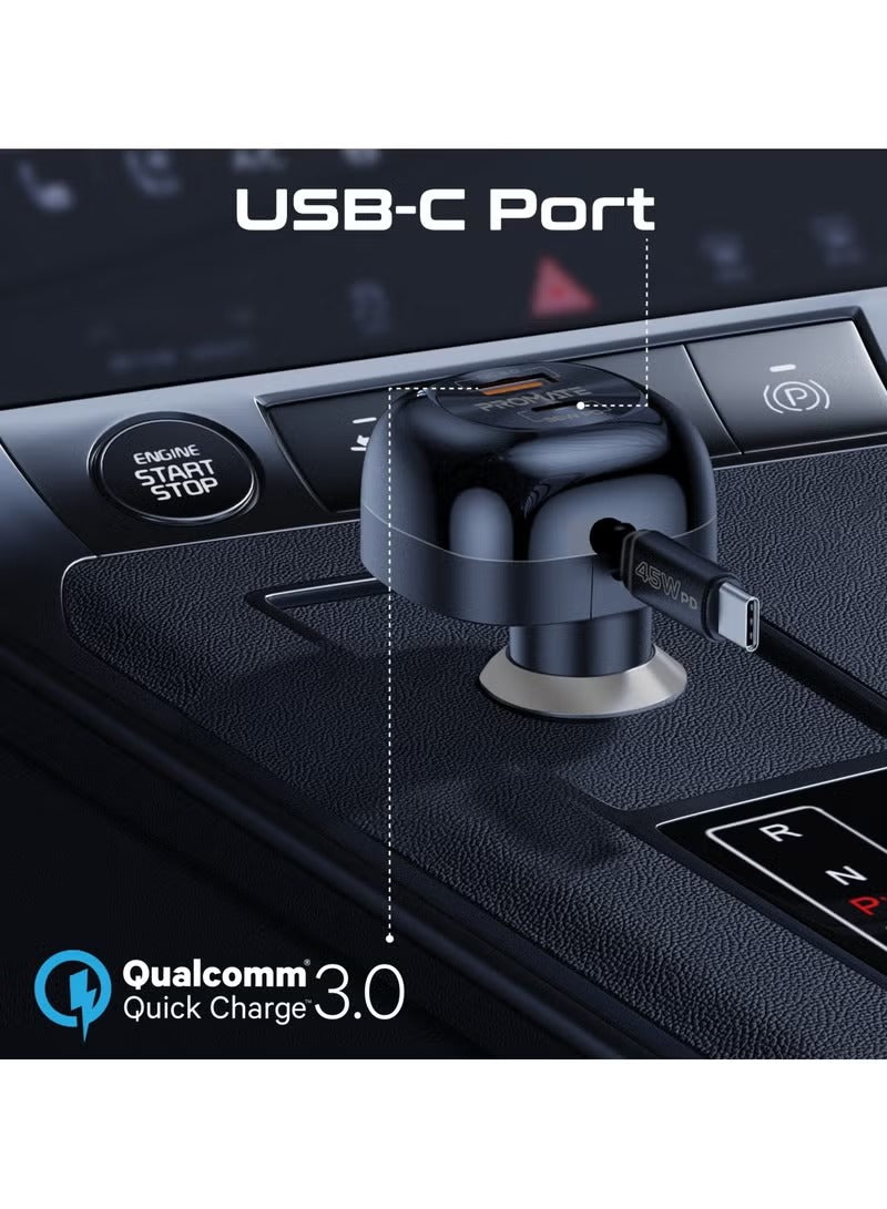 Promate 62W Car Charger With 45W Retractable USB-C PD Cable