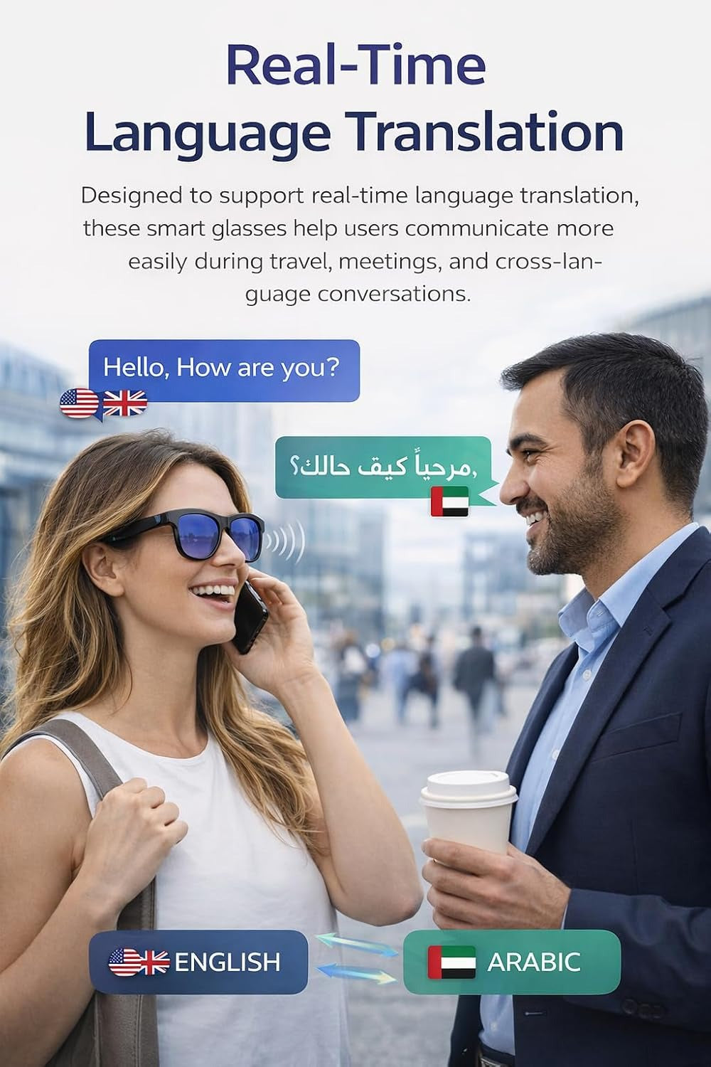 MERIDIAN Smart Translation Glasses, Real-Time AI Language Translator with Bluetooth Audio, Dimmable Smart Glasses for Travel, Business & Meetings, Arabic English Support, UAE