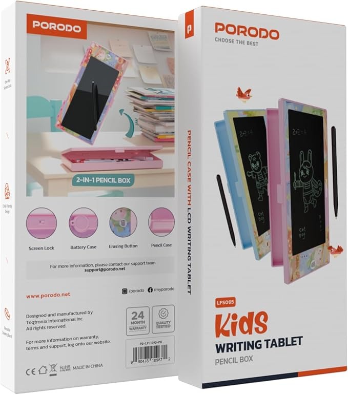 Kids Writing Tablet with Pencil Box &amp; Battery Case / Child-Friendly Design / Reusable Drawing Board / Erasing Button / One-Key Screen Lock / Pencil Case - Pink